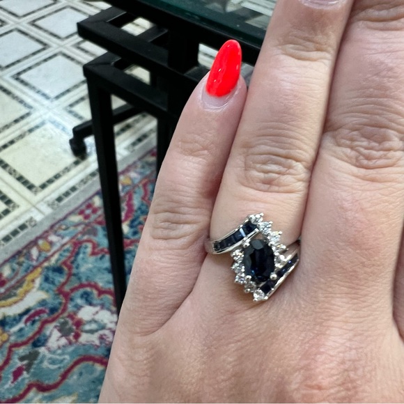 14k White Gold Diamond & Sapphire Ring - Picture 6 of 8
